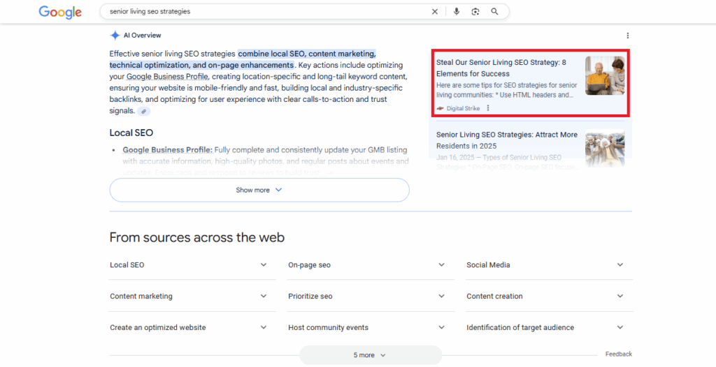 Screenshot of Digital Strike - Targeted Marketing appearing in Google AI Overviews for the search query "senior living seo strategies."