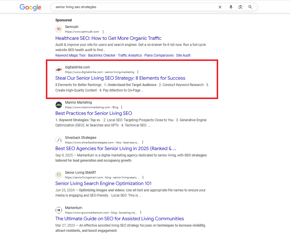 Screenshot of Digital Strike - Targeted Marketing appearing in the #1 position in Google organic search results for the search query "senior living seo strategies."