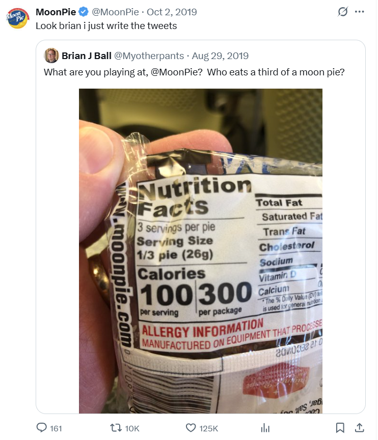Screenshot of MoonPie's Twitter (X) social media post
